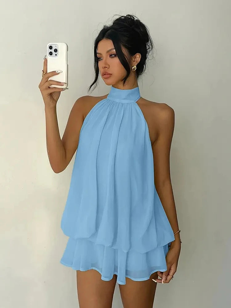 Women Halter Neck Backless Tie Mini Dress Summer Sleeveless Chiffon Ruffle Short Dresses Sexy Club Party Beach Vacation Outfit