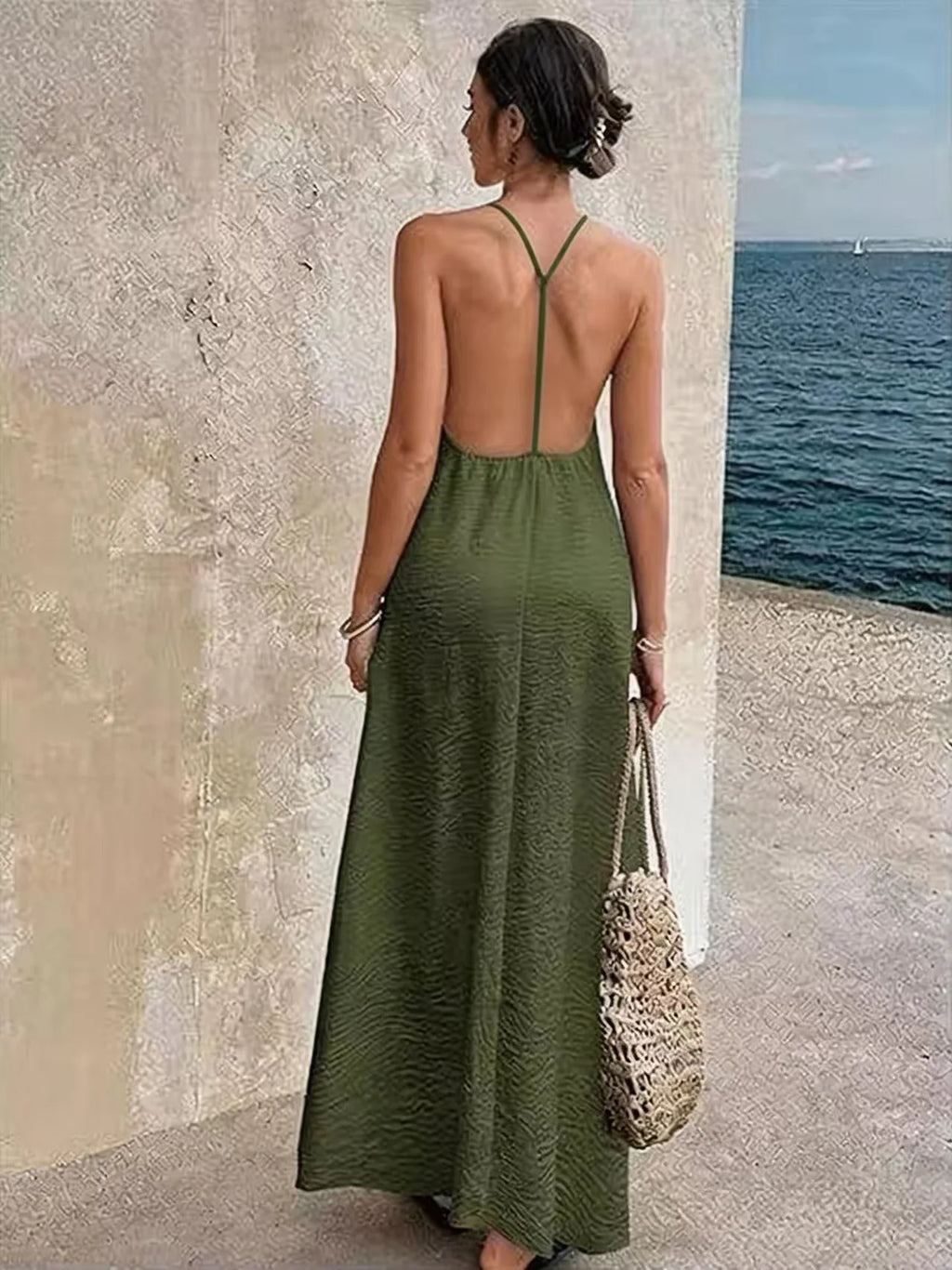 Elegant Simple Backless Sexy Hollow Sleeve Long Dress Women's Straight Tube Skirt Travel Sleeveless Strap Dress Casual High W...
