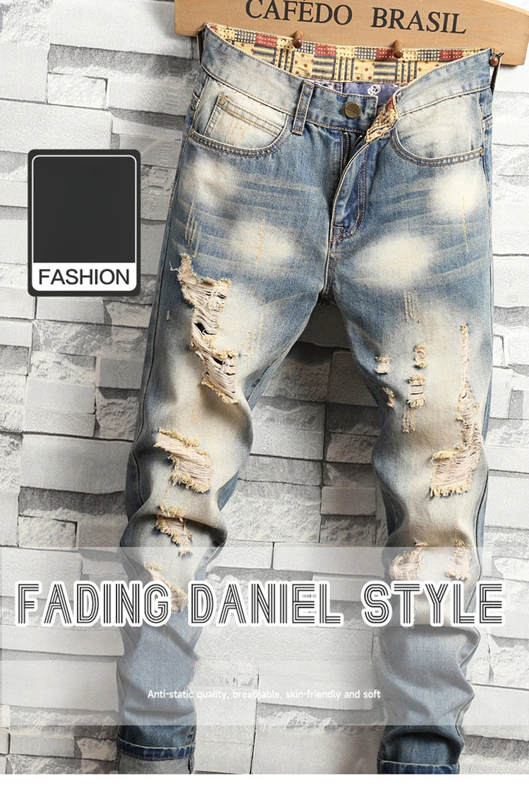 Distressed Ripped Jeans Men's Retro Blue Fashion Slim Motorcycle Trousers Male Hip-hop Street Male Hole Denim Pants
