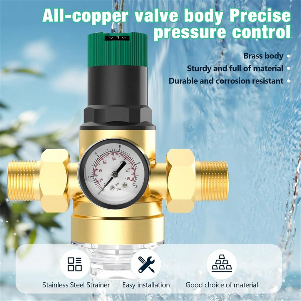 New Pressure Regulator Water 3/4 Inch, Water Pressure Regulator with Water Pressure Gauge and Mesh Filter