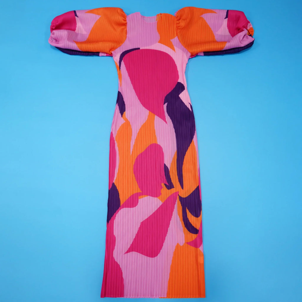 Elegant Women Pleated Half Lantern Sleeve O-neck Slim Maxi Long Dress Print Fashion Autumn 2025 Ruched Dresses Vestidos