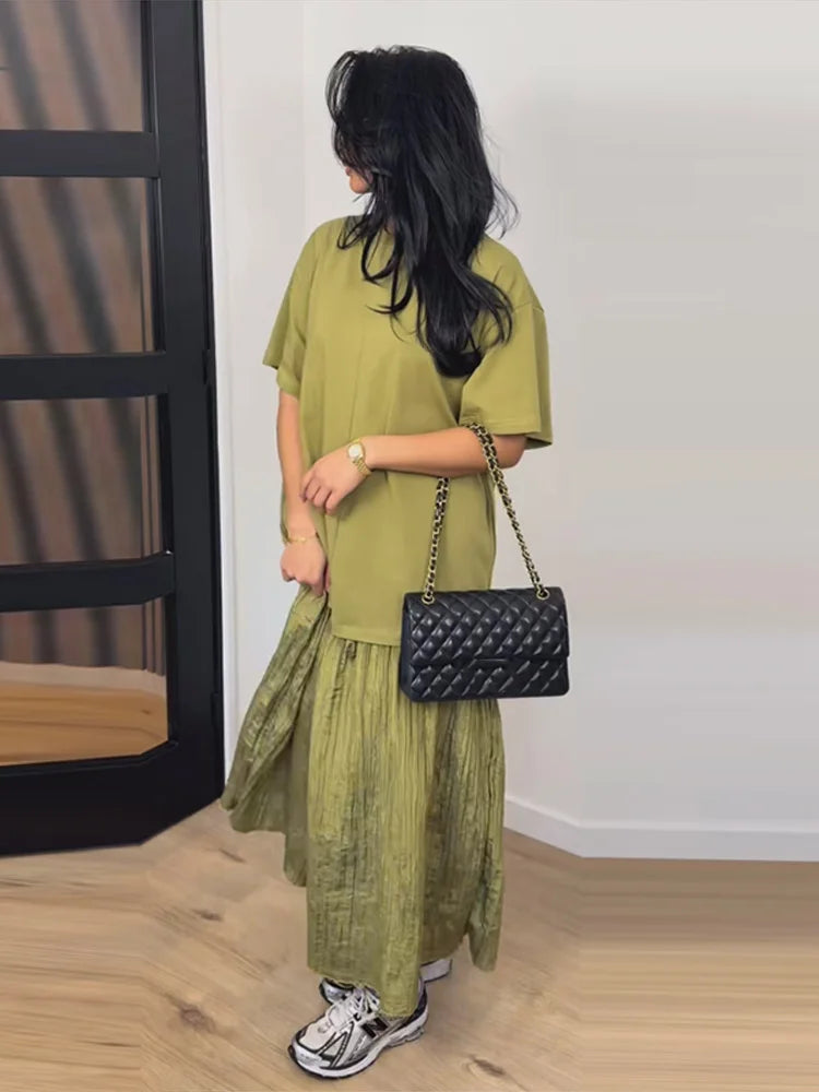 Fashion Solid Women Patchwork Dress Short Sleeve Round Neck Loose Female Dress Casual Office Streetwear Commute Summer 2026
