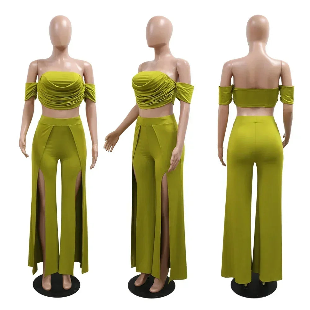Women's Set Short Sleeve Slash Neck Ruched Tops and Wide Leg split Pants 2025 Street Two 2 Piece Sets Outfit Tracksuits