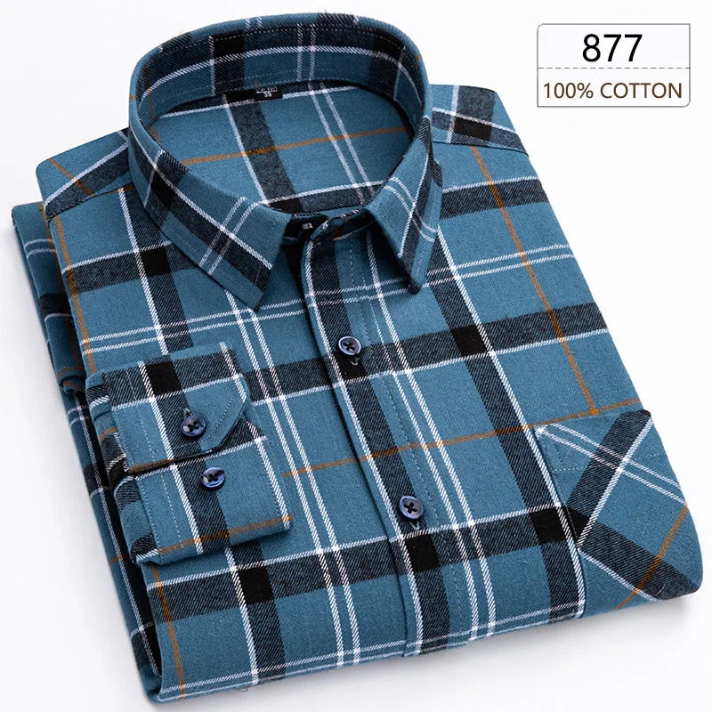 Men's Winter Chic Long Sleeve Shirt Cotton Flannel Plaid Button-Up Comfortable Warm Top for Business Casual Dress Shirts New