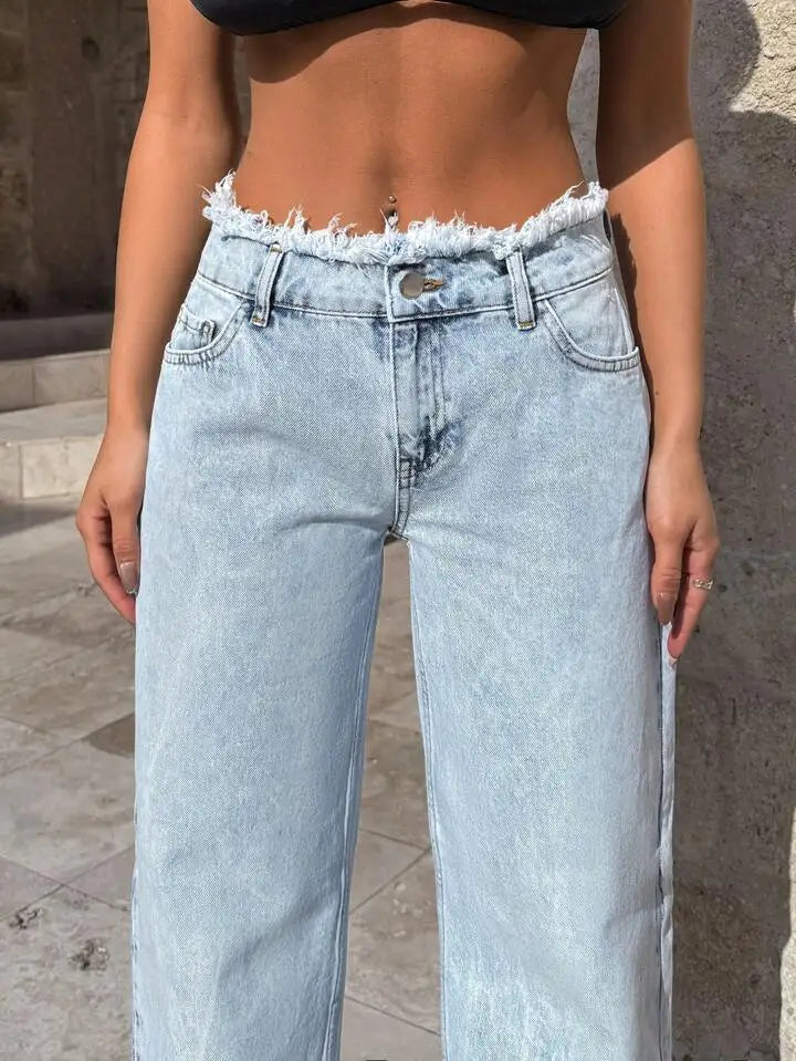 Women's High Waist Hem Denim Jeans, Wide Leg Loose Slimming Pants, Frayed Edge Draping Floor-Length Casual Streetwear