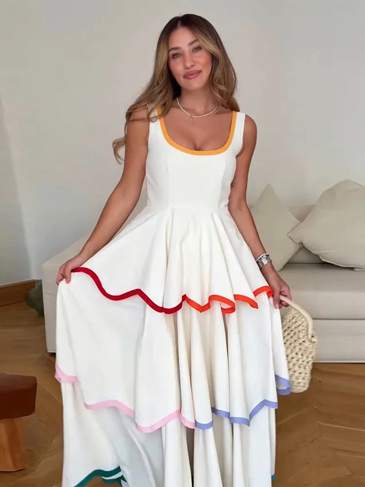 Fashion Women's Dress Round Neck Strapless Sleeveless Cascading Ruffled Hem Dresses Chic 2026 Summer New Daily Wear Ladies Robes