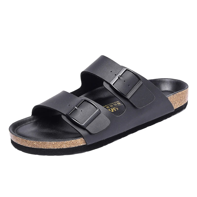 Summer Men Women Cork Slippers Clogs Microfiber Leather Slides Casual Slip On Sandal Double Buckle