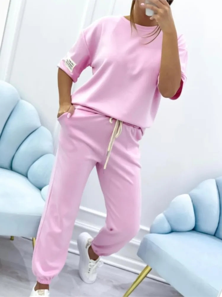 Fashion O Neck Short Sleeve Solid Color T-shirt Women Trousers 2-piece Set Summer Casual Sports Elastic Small Feet Trousers Suit