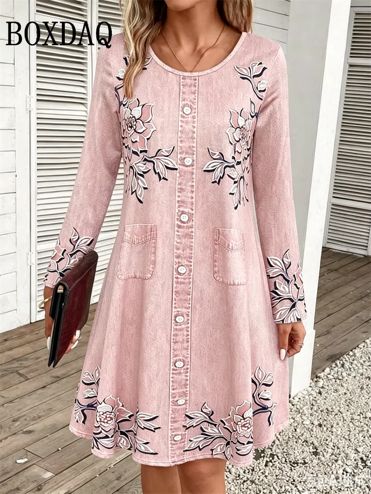 2026 Women's Casual Floral Imitation Denim 3D Print Dress Fashion Round Neck Autumn Loose A-Line Dress Long Sleeve Women's Dress