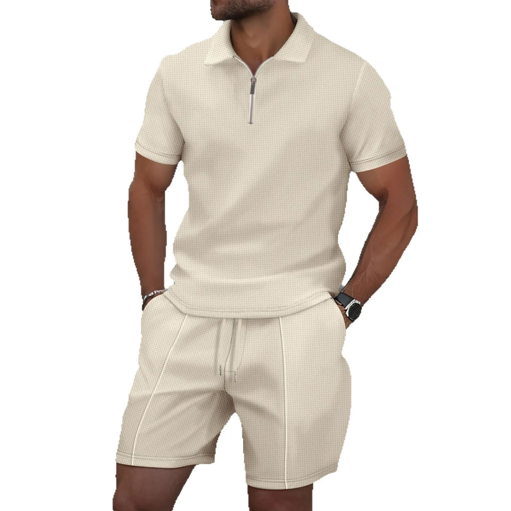 2025 Summer Solid Color Zipper Short Sleeve Set Shorts Two Piece Set Men's Wear