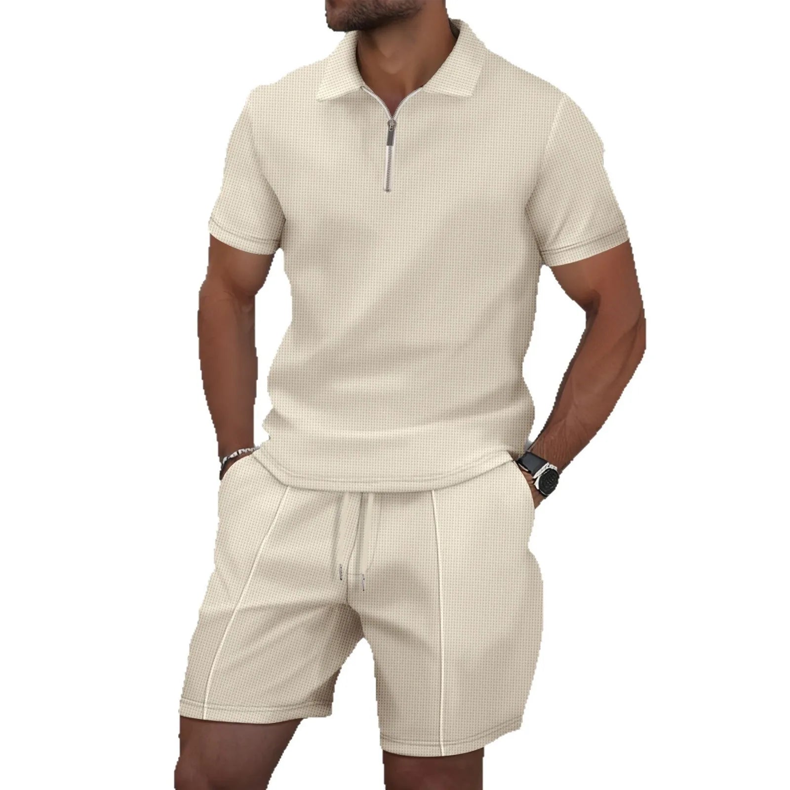 2025 Summer Solid Color Zipper Short Sleeve Set Shorts Two Piece Set Men's Wear