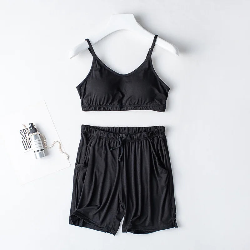 Spring/Summer Ladies Pajamas Sling + Shorts Modal With Chest Pad Solid Color Homewear Set Pajamas Sleepwear Lingerie