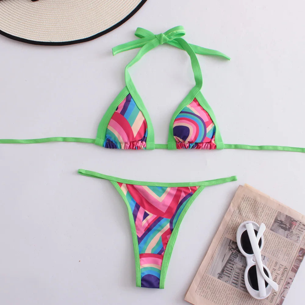 Sexy Bikini Swimsuit Digital Print Two-Piece Women's Triangle Soft Pack Swimwear Trendy Floral Pattern without Shoulder Straps