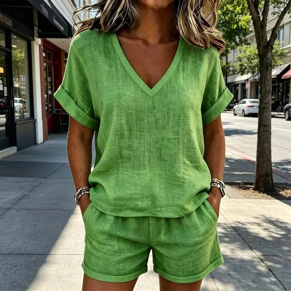 Women T-shirt And Shorts Set V-neck Short Sleeve Top 2 Piece Sets 2026 Elegant Summer Women Two Pieces Suit Female Outfit Clothe