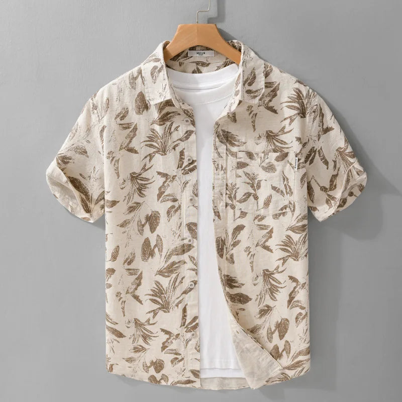 Summer New Printed Breathable Linen Cotton Short Sleeve Shirt for Men Clothing Casual Turn-down Collar Summer Shirt FY736
