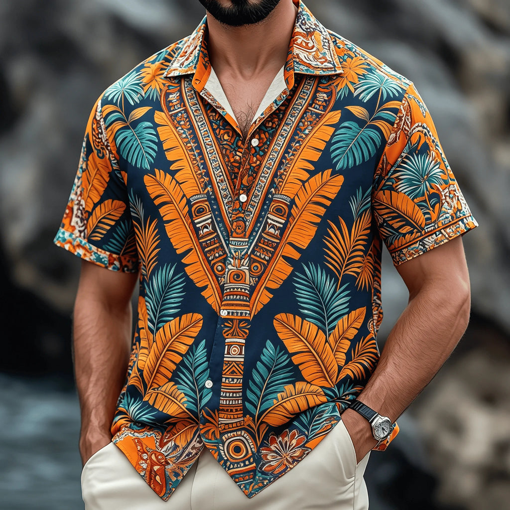 Men's Vintage Boho Paisley Print Short Sleeve Shirt, Retro Ethnic Button-Down Spring Summer Top