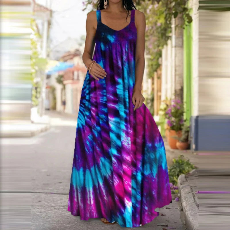 Women's Fashionable Flame Printed Sleeveless Dress  Summer Casual Printed Long Dress