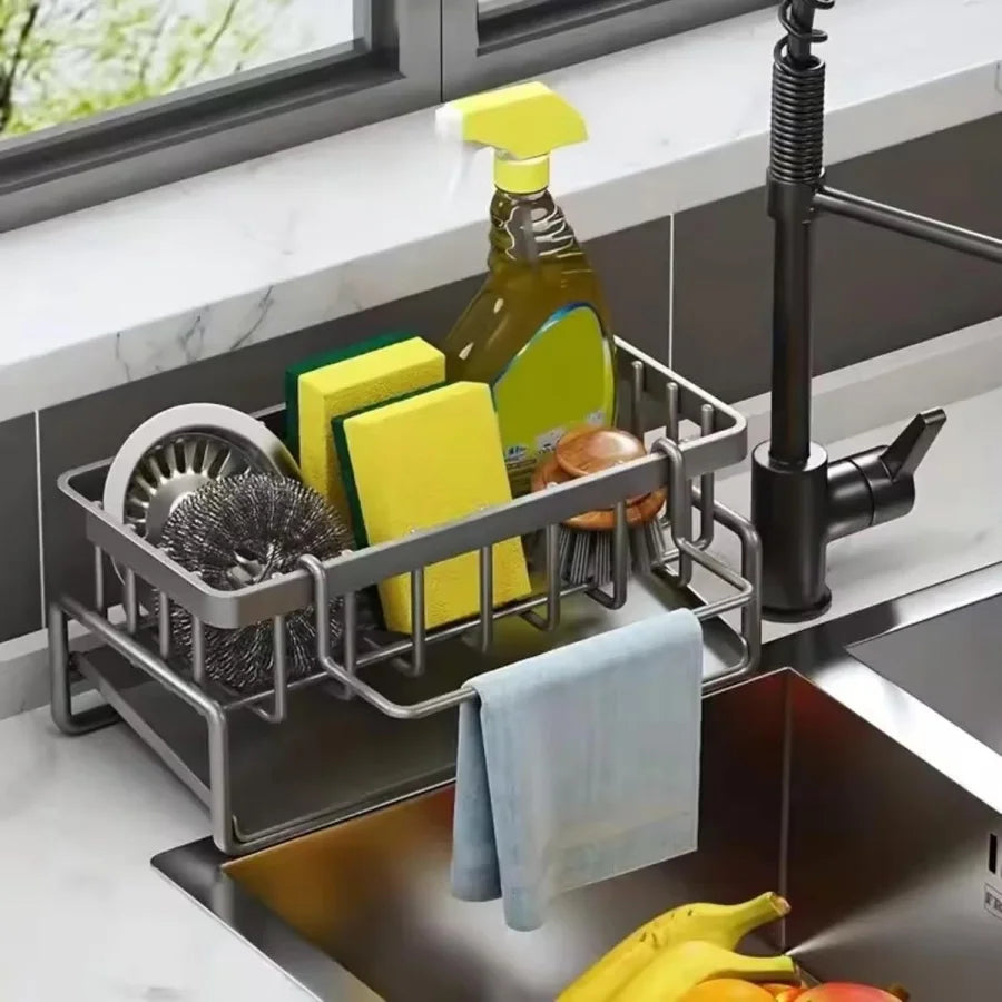 Stainless Steel Kitchen Sink Organizer - Multi-Functional Over Sink Drain Rack for Faucet Area, Rag & Sponge Storage