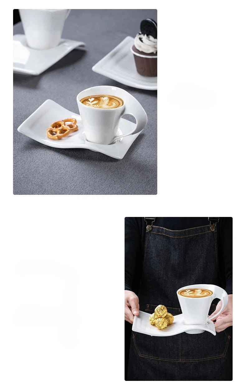 European Ceramic CoffeeCups Set with Wave Shape Plate 80 100 180 and 280ml Modern Minimalist White Cappuccino Latte Dessert Dish