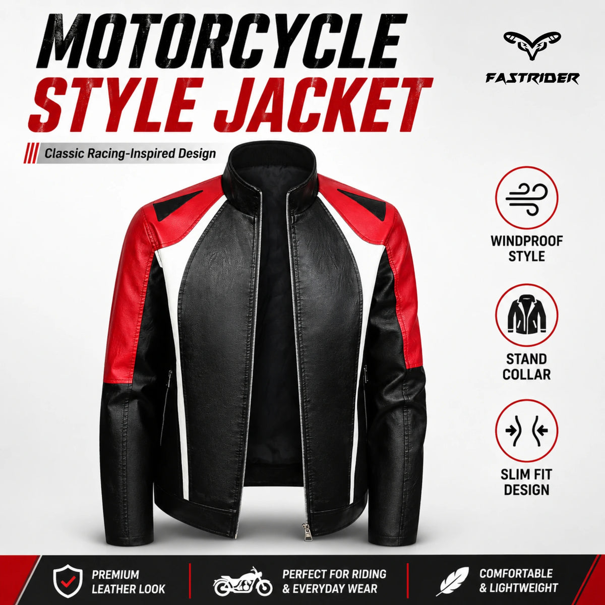 Men's Motorcycle Style Leather Jacket Slim Fit Windproof Stand Collar Red Black Biker Jacket Casual Moto Racing Coat