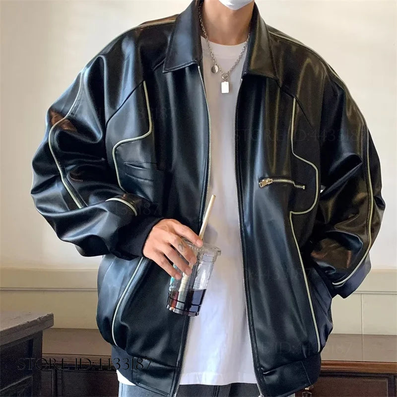 European American Motorcycle Leather Jacket Unisex Embroidered Baseball Jacket Retro Imitation Leather Jacket Coat Streetwear