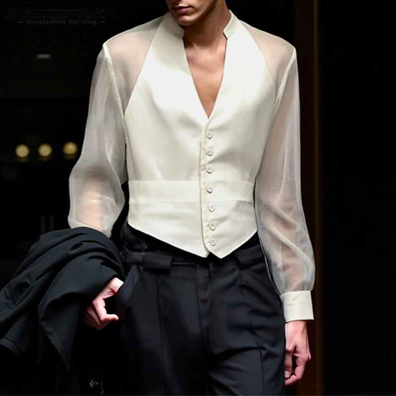 Men Shirt Mesh Patchwork V Neck Long Sleeve Casual Male Shirts Streetwear Transparent Sexy Fashion Party Camisas 2025 INCERUN
