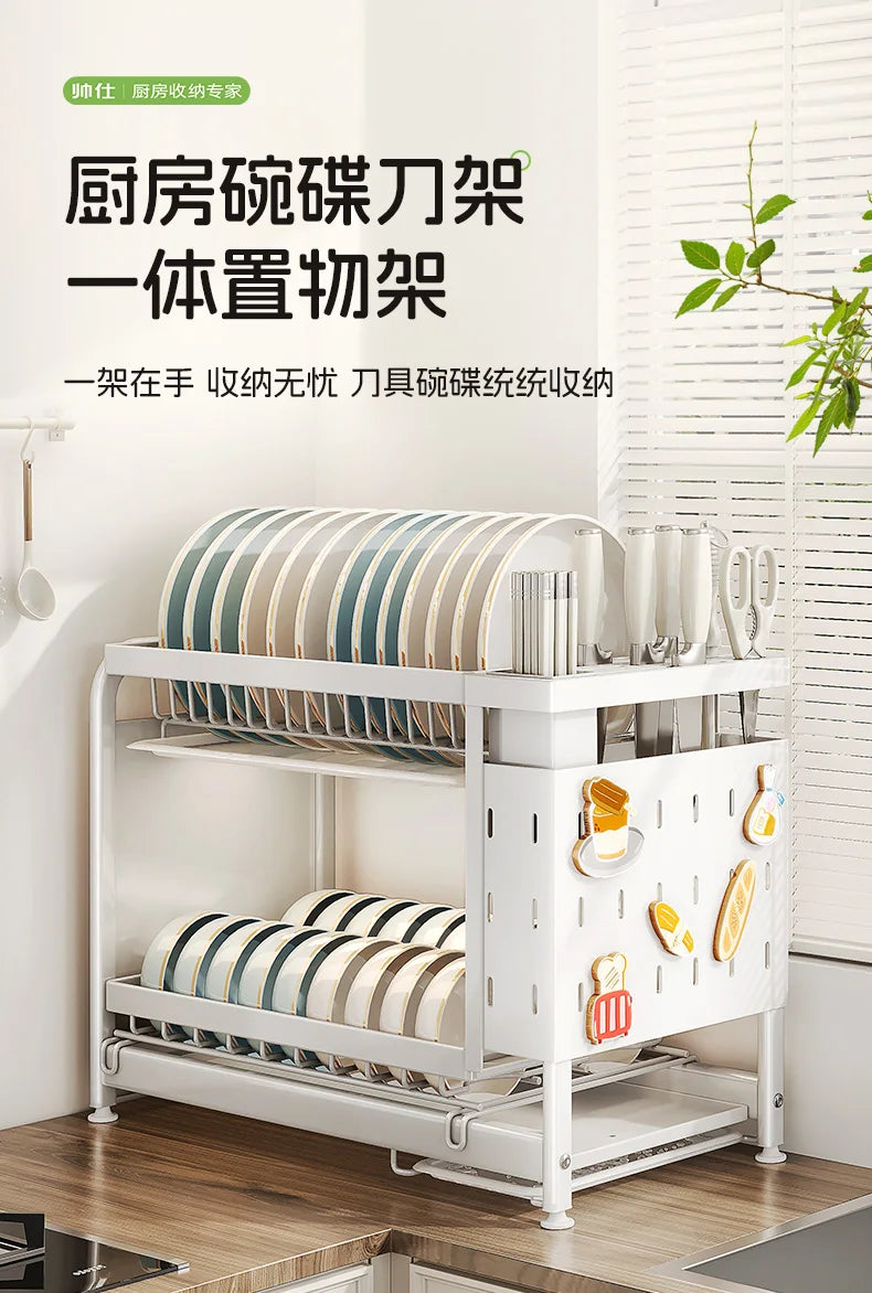 Kitchen Dish Cutlery Organizer - Multi-Function Hole Panel Storage Rack with Draining Tray Space-Saving Countertop Design