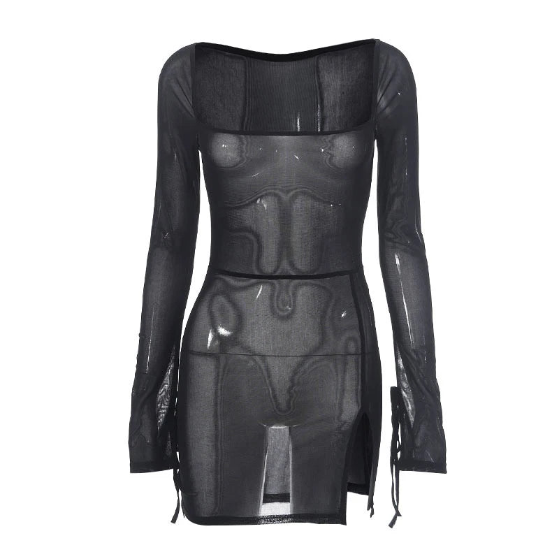 Women's Square Collar Mini Dress Y2K Gauze Long Sleeve Sheer Sexy Night Outfit Clubwear Solid Color