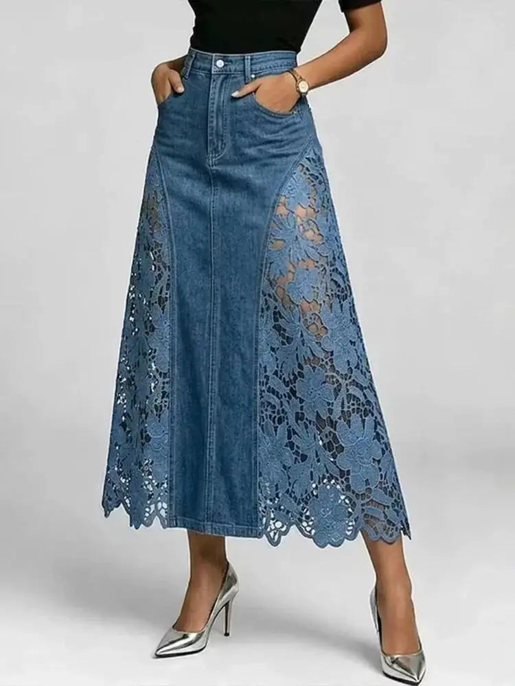 SHENGPALAE Women Denim Midi Skirt High Waist Bodycon Washed Lace Splicing Elegant Casual Floral Hollow Summer 2026 New 05E03125