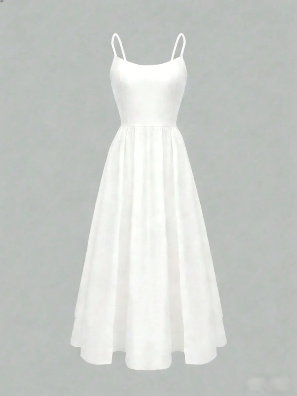 French Solid Spaghetti Strap U-Neck Gathered Waist Swing Midi Dress, High Waist Hip-Cover Slimming Vacation Cami Dress
