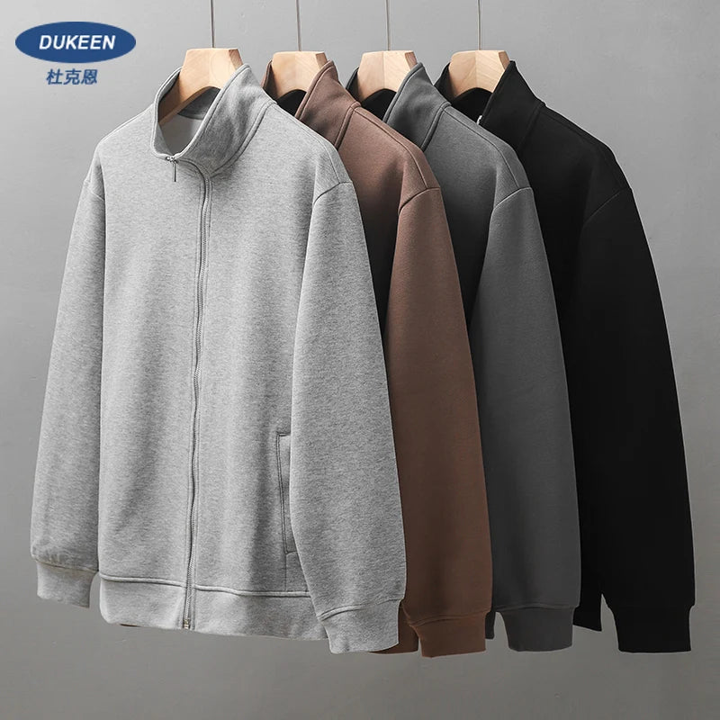 DUKEEN PIQUE Fabric Men's Casual Sweatshirts Spring and Autumn Solid Color Stand Collar Zipper Cardigan Coat Men's Clothing