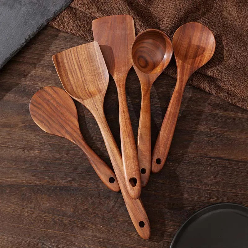 Wood Kitchenware Cooking Set Household Spatula Spoon Set Salad Spoon Fork Stirring Spoon Kitchen Baking Set With Storage Bucket