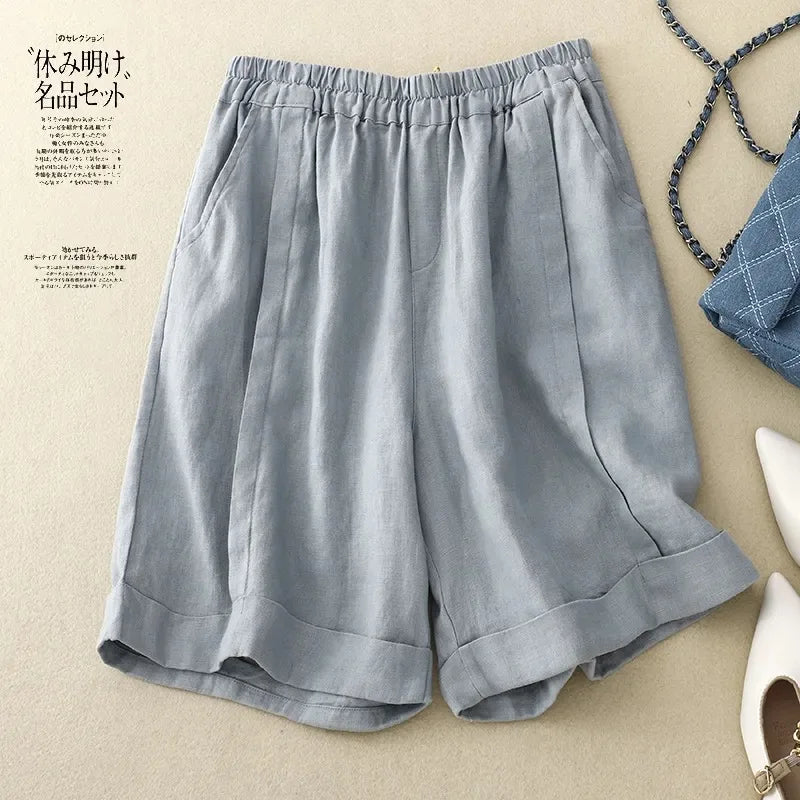 Women's Spring Summer New Linen Wide Leg Shorts Elastic High Waist Casual Loose Plus Size Straight Leg Pants