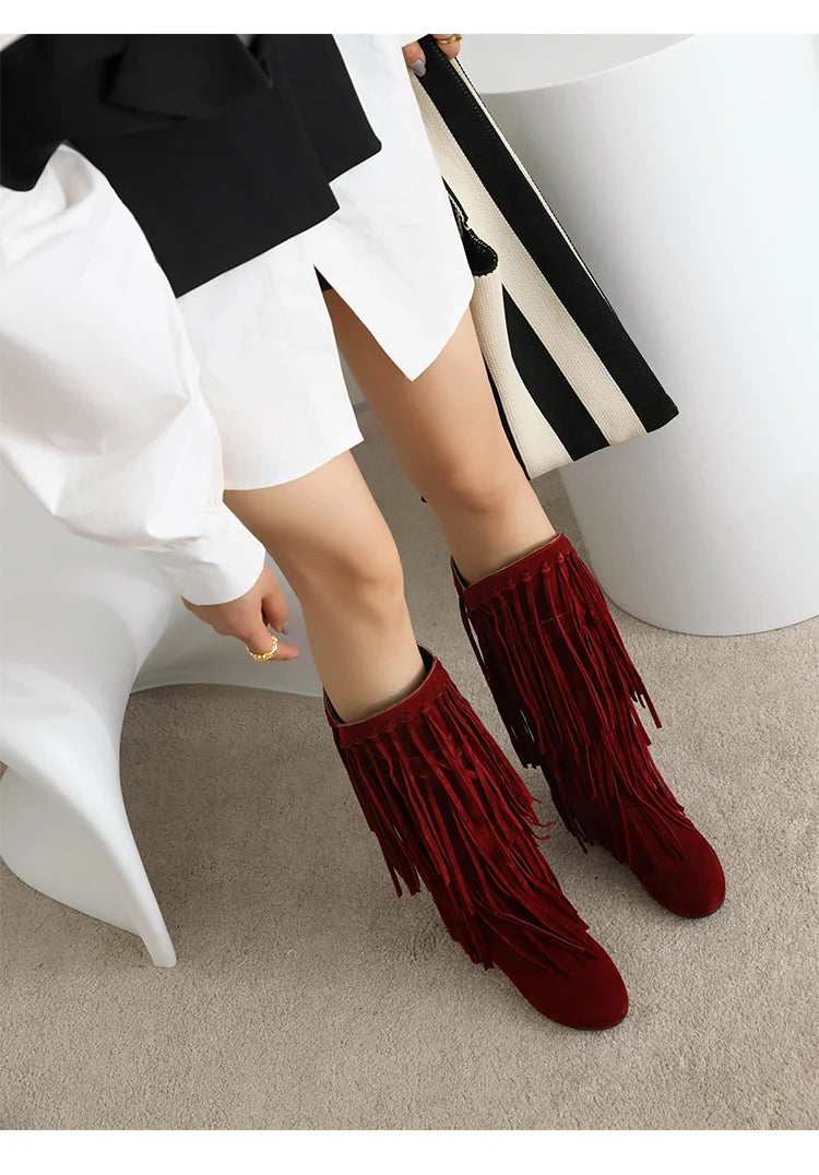 2025 New High Boots Women Bohemian Flock Tassle Mid-Calf Boots Wedge Booties Autumn Winter Ethnic Casual Shoes zapatos de mujer