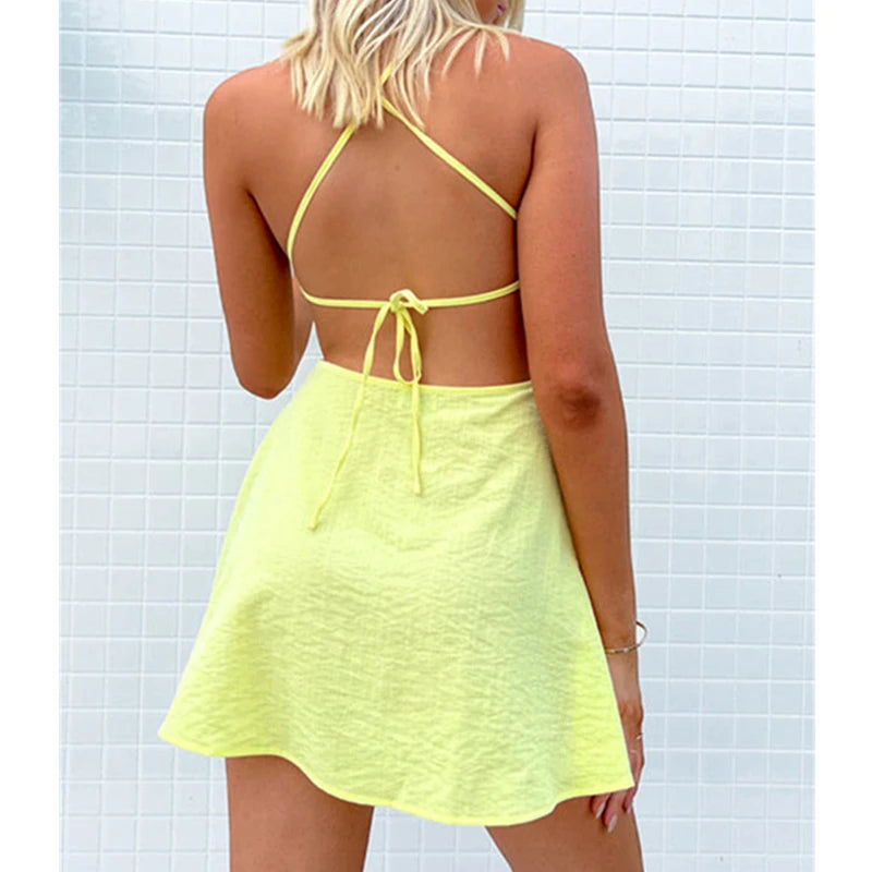 New Women Party Lace Flower Backless Mini Dress Summer Sexy Sling Spaghetti straps Deep V Neck Wedding Club Vestidos