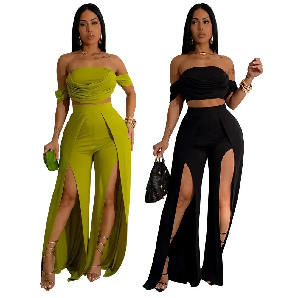 Women's Set Short Sleeve Slash Neck Ruched Tops and Wide Leg split Pants 2025 Street Two 2 Piece Sets Outfit Tracksuits
