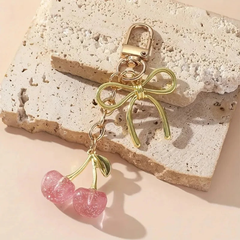 Classic Red Cherry Bow Pendant Keychain for Women Bag Decoration Car Key Chain Fashion Key Rings Party Gift Keychain Accessories