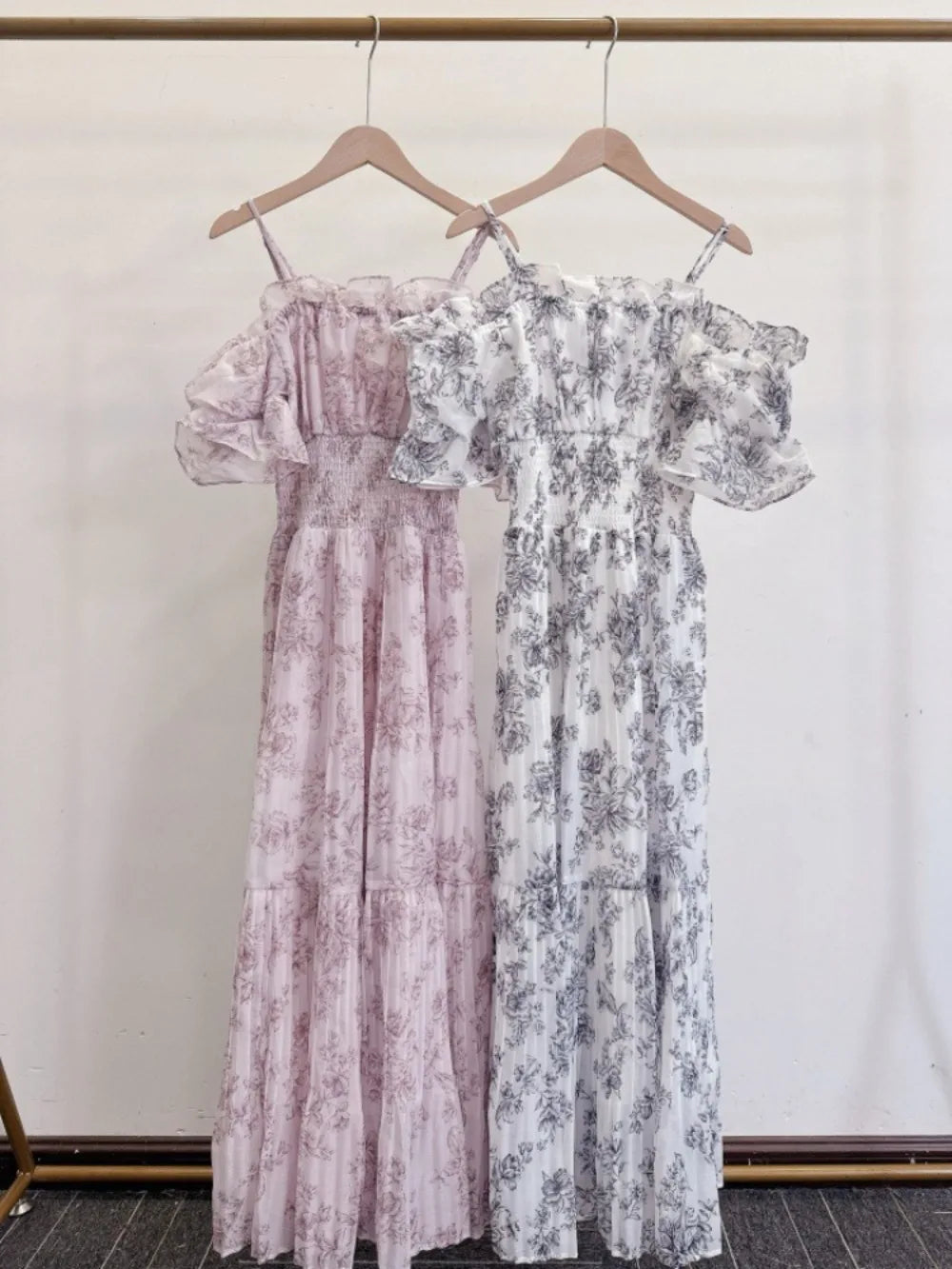 Kuzuwata Fairy Lovely Mesh Ruched Patchwork Robe Mid-length Puff Sleeve Off Shoulder Slim Mujer Japan Print Pleated Fresh Dress