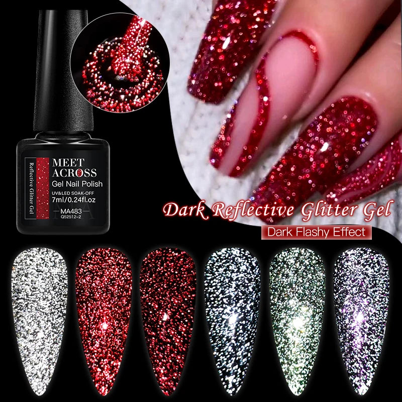 MEET ACROSS 7ml Red Series  Reflective Glitter Gel Nail Polish Autumn And Winter Series Semi Permanent UV DIY Nail Art For Manic