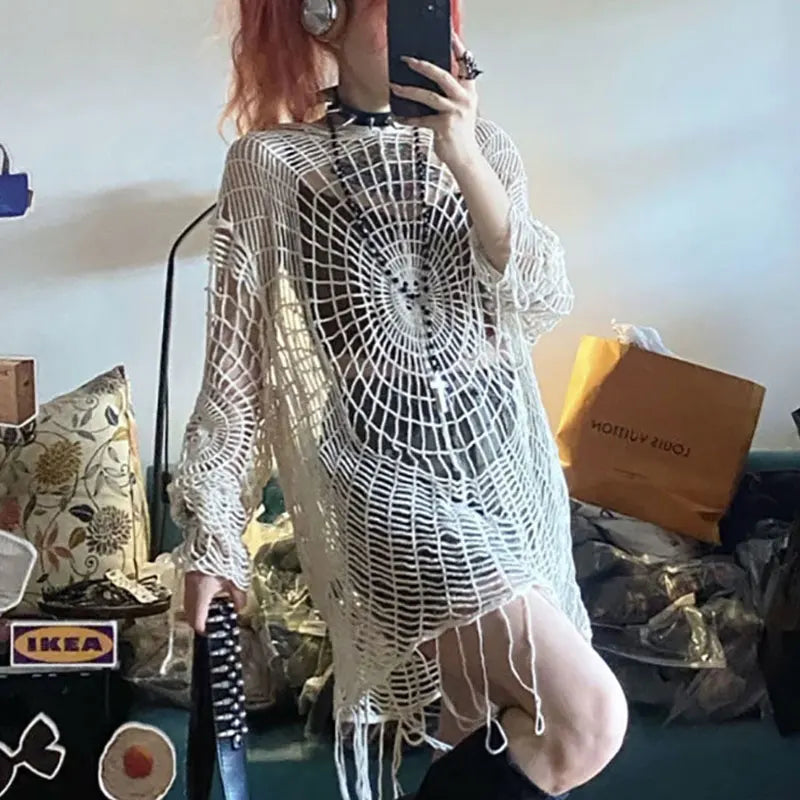 JOEVILU Hollow Knit Hooded Tops Women's Goth Spider Web Sweaters Female Korean Fashion Fishing Net Blouses Babes Mesh Pullovers