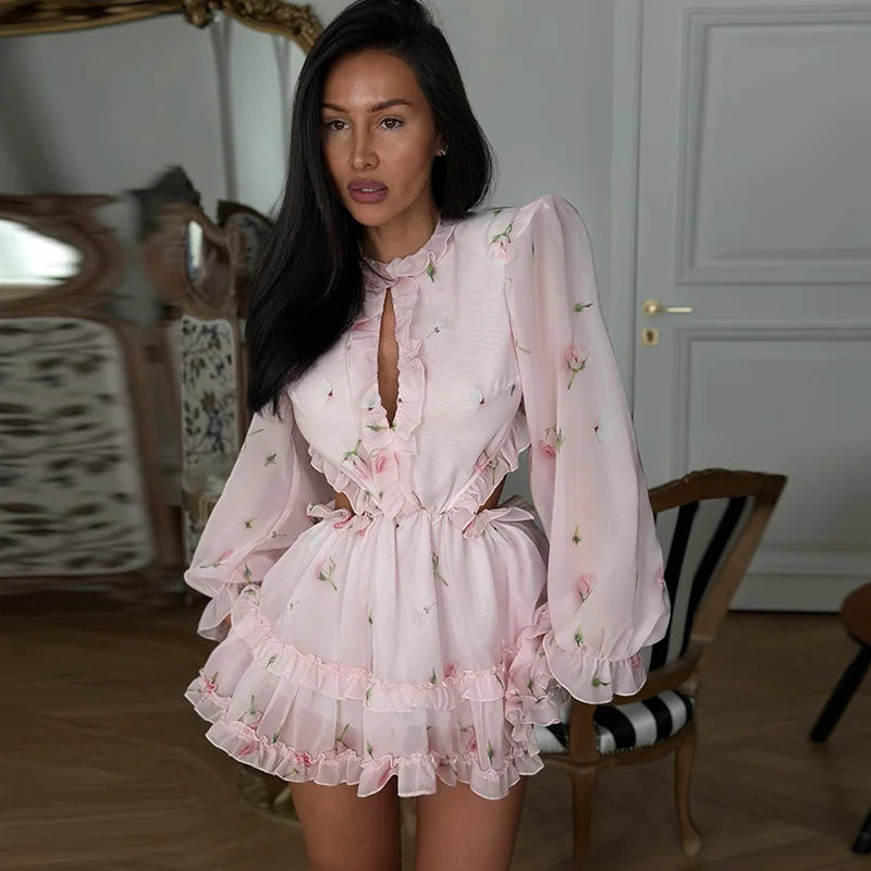 Sexy Women's Floral Printed Mini Ruffle Skirt Set Slim Lace Trim Hollow Spaghetti Strap Top Pleated Skirts 2026 Summer Lady Suit
