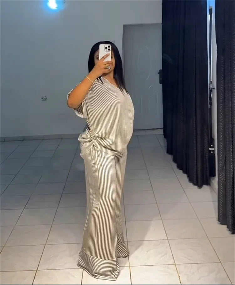 Pant Set Women Two Piece Sets V Neck Short Sleeve Drawstring Shirt Striped Wide Leg Long Pants Elastic Waist Y2k Streetwear 2026