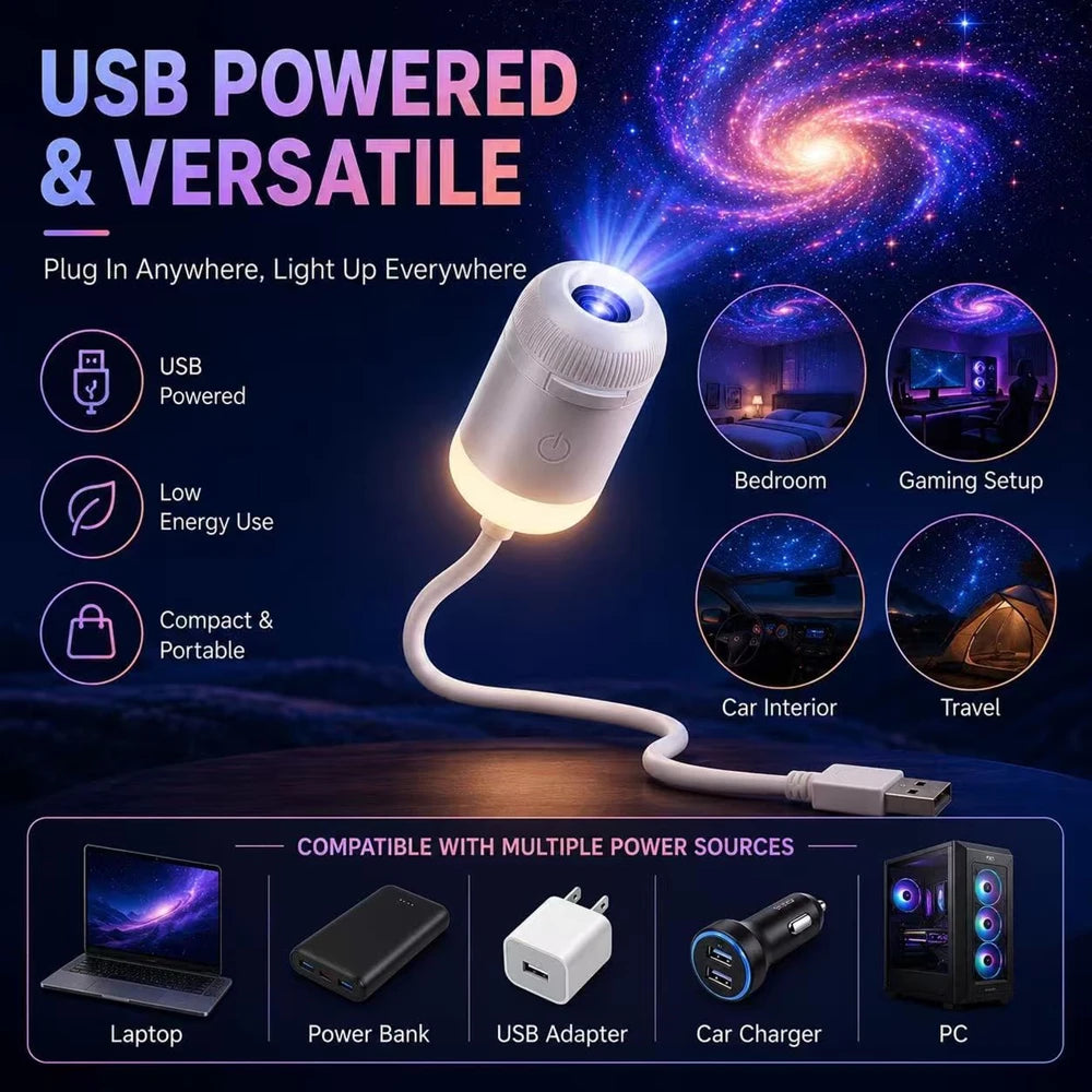Galaxy Star Night Light Projector 2-in-1 USB Powered Bedroom Car LED Lighting Eye Protection Perfect Christmas Gift