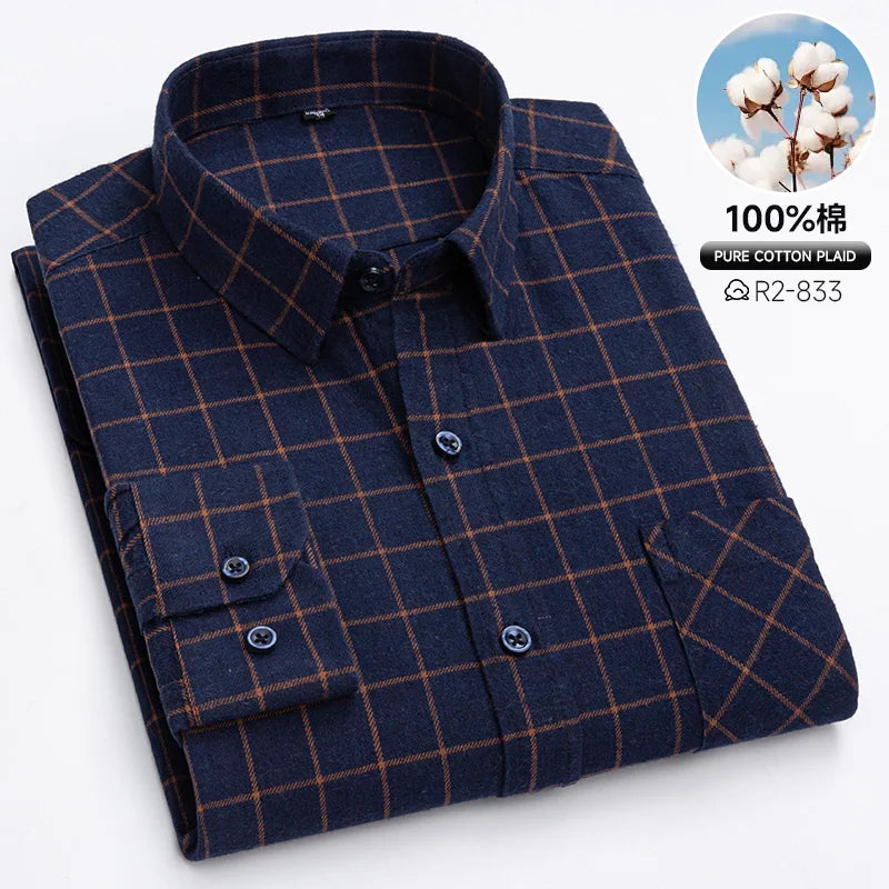 Classic Retro Plaid Flannel Shirt Long Sleeve 100% Cotton Fashion Casual Soft Spring Autumn Winter Standard Pocket Men's Shirt