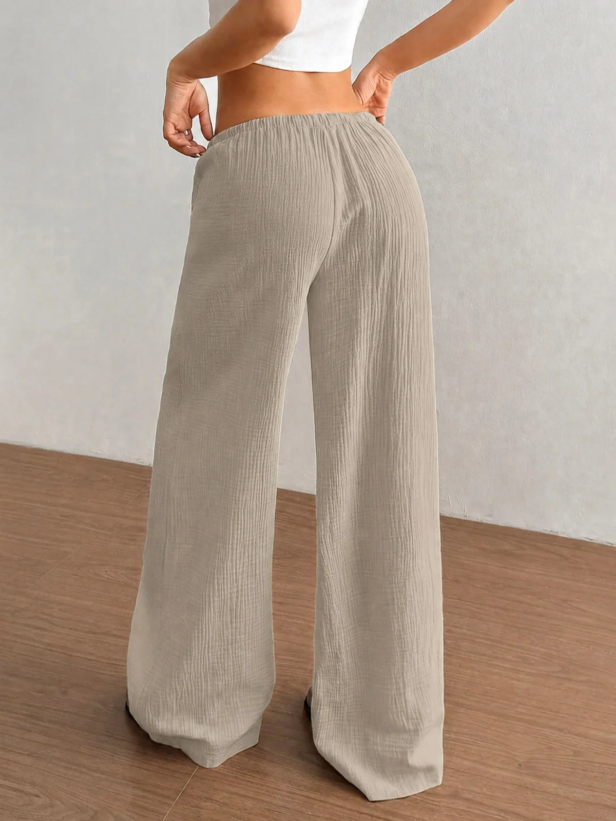 Women Crinkle Textured Wide Leg Pants Elastic Waist Loose Casual Lounge Trousers Soft Yoga Beach Vacation Flowy Pants