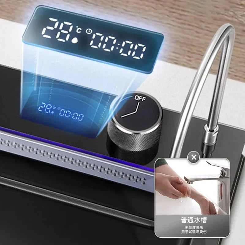 304 Stainless Steel Kitchen Sinks Large Single Bowl Nano Embossed Wash Basin Digital Display Modern Home Station