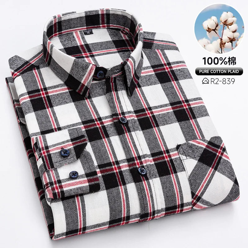 Classic Retro Plaid Flannel Shirt Long Sleeve 100% Cotton Fashion Casual Soft Spring Autumn Winter Standard Pocket Men's Shirt