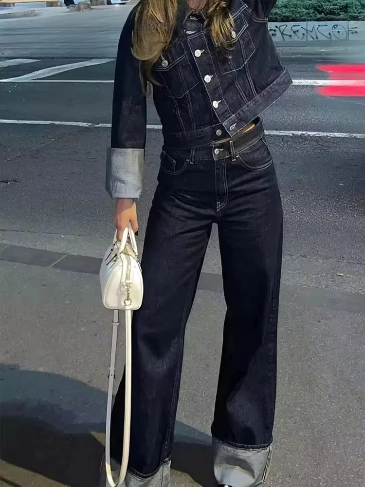 HH Women Fashion Denim Set Casual Lapel Long Sleeve Crop Jacket Buttons Female Vintage Wide Leg Loose Jeans Long Pants