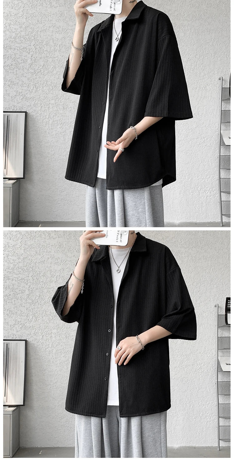 LEGIBLE Spring Summer Solid Shirts Men Casual Oversized Three Quarter Shirts Male Loose Fit Shirt for Man