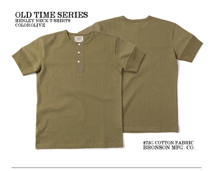 Bronson Vintage Short Sleeve Henley T-Shirt Retro Style Mens Cotton Tee Shirt